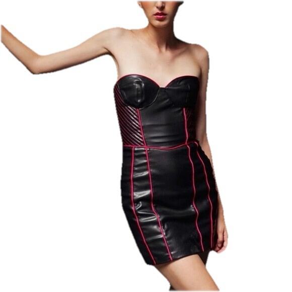 Zara Woman Faux leather Corset Mini dress Black Pink Trim Small Gothic Clubwear - Picture 2 of 11